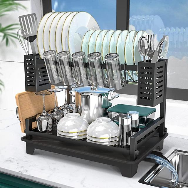 B-Land Dish Drying Rack, 2 Tier Dish Racks for Kitchen Counter, Large Dish Drying Rack with Drainboard & Utensil Holders, Rust-Proof Dish Drainers,Kitchen Organization