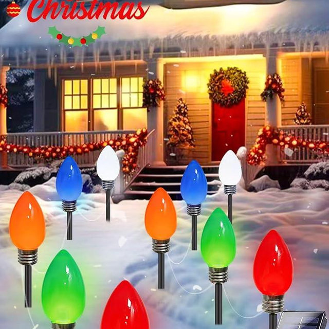 10 Pack Large C9 Christmas Decorations Outdoor Waterproof, Solar C9 Christmas Lights Outdoor with 2 Modes, Solar Pathway Lights for Outside Party Yard Lawn Patio Walkway Xmas Decoration (Multicolor)