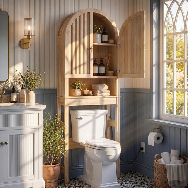 HMstone Over The Toilet Storage Cabinet, Arched Bathroom Organizer and Storage with Doors and Adjustable Shelf, Space-Saving Freestanding Bathroom Modern Storage Cabinet Over Toilet (Natural)