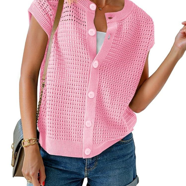 Saodimallsu Womens Short Cap Sleeve Sweater Vest Crochet Button Down Cardigans Crew Neck Summer Knit Tops