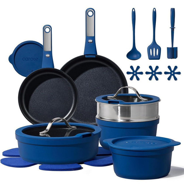 CAROTE 22pcs Pots and Pans Set Non Stick, Nonstick Cookware Set, Dishwasher/Oven/Fridge Safe Pots and Pans, Removable Handle RV Oven Safe Cookware, Induction Kitchen Set, Blue