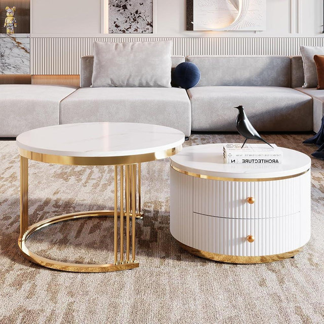 Modern 2 Pieces White Round Nesting Coffee Table with Drawers in 27.6''