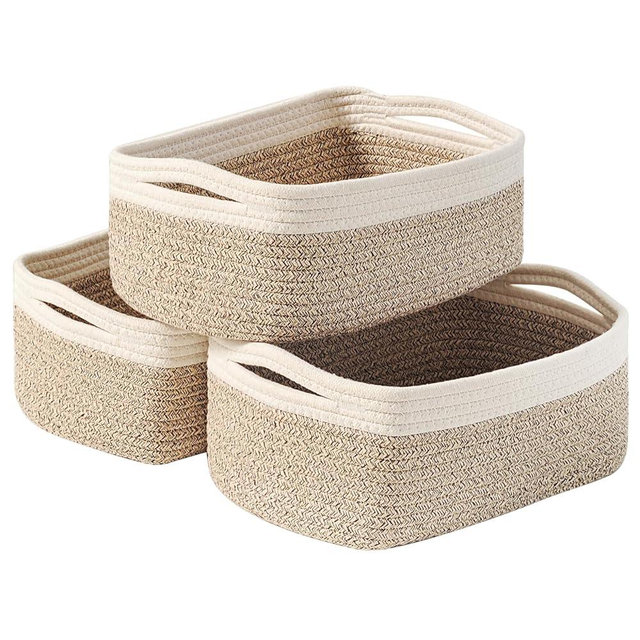 ICERZCZ Small Baskets for Organizing, Decorative Storage Baskets for Shelves, Storage Bins, Woven Baskets for Storage, Mini Basket for Nursery, 13"×8.5"×5.1" (3 Packs) Off White & Brown