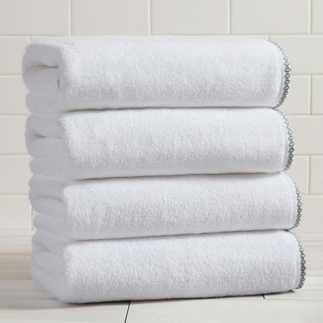 White/Green Bath Towel Set - Ultra-Soft Cotton, Boho-Chic Border Design - 4 Bath Towels (54" x 30") - Absorbent, Quick-Dry, Lightweight Bathroom Towels
