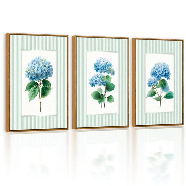 QTUSYUR Striped Blue Hydrangea Wall Art - Large Farmed Minimalist Art Print - Farmhouse Floral Canvas Artwork for Bedroom Living Room- Modern Elegant Flower Wall Pictures for Home Decor 16”×24”×3
