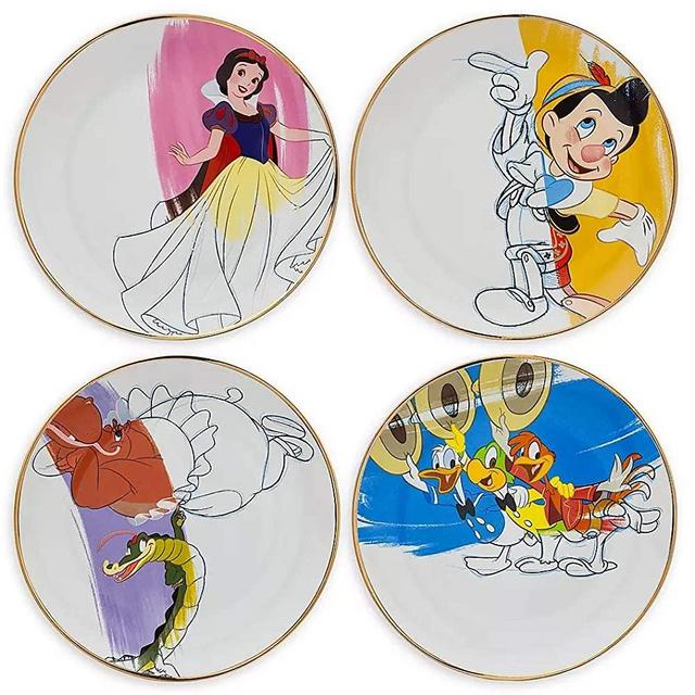 Disney Ink & Paint Ceramic Salad or Desert Plate Set '30s -40's Snow White, Pinocchio, Hyacinth Hippo with Ben Ali Gator Donald Duck with José Carioca and Panchito