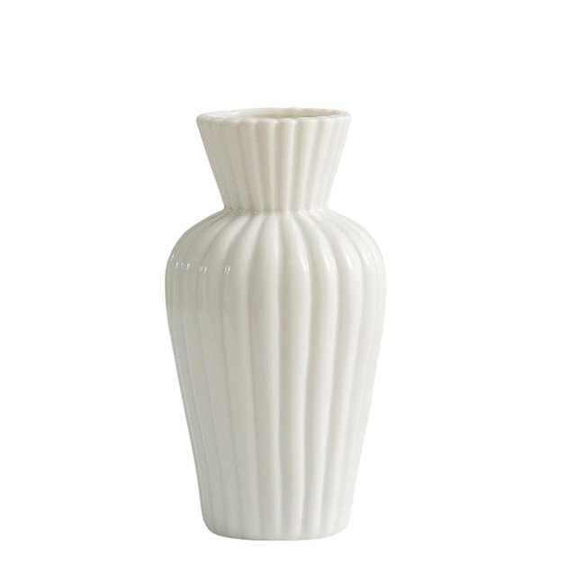 Minimalist White Ceramic Vase for Home Decor - 9.25" Modern Fluted Flower Bud/Table Centerpiece - Aesthetic Nordic Farmhouse Decorative Pottery for Living Room, Shelf, Wedding Gift