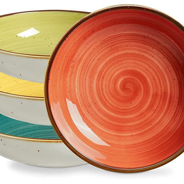 ONEMORE Pasta Bowls 30 Ounce Porcelain Salad Bowls Shallow Bowls for Pasta Set of 4 Shallow Bowl Plates, Microwave & Dishwasher Safe, Assorted Color