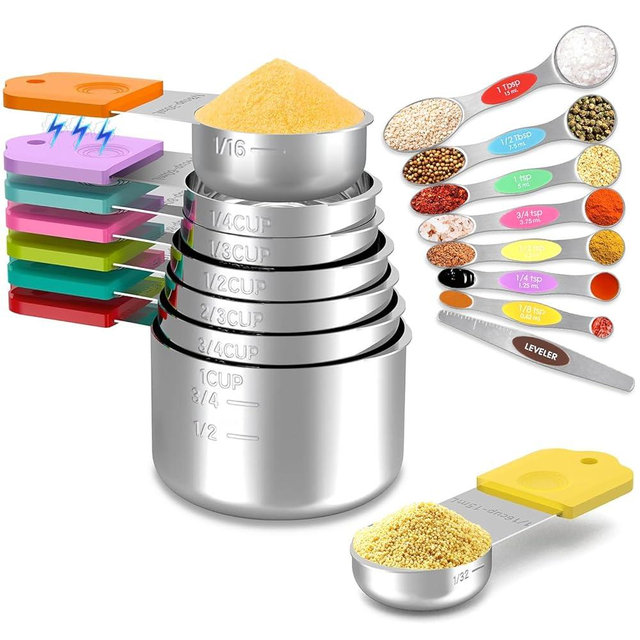 Fanadith Magnetic Measuring Cups and Spoons Set | 16-Piece Stainless Steel Baking Essentials (8 Cups +7 Spoons + 1 Leveler) with Space-Saving Design | Cookware Gift Idea