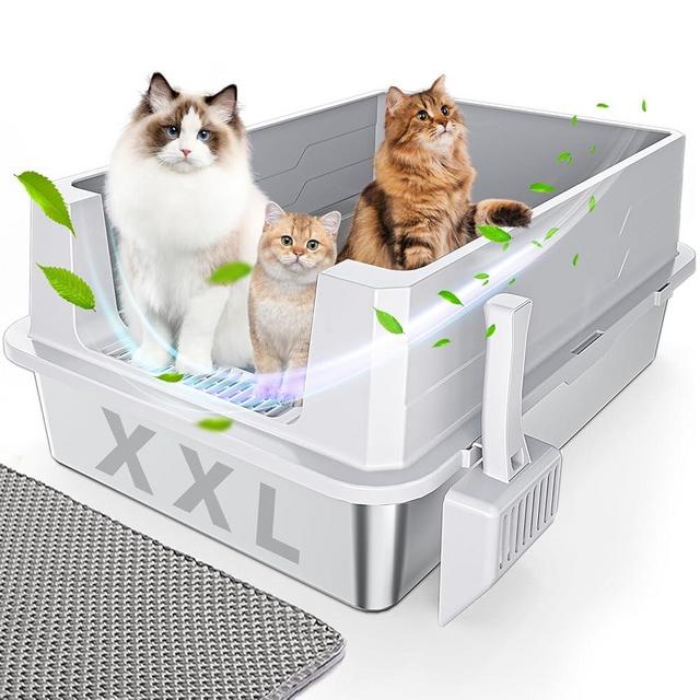 XXL Stainless Steel Cat Litter Box High Sides with Lid, 28"x20" Extra Large Cat Litter Box for Big Cats & Multiple Cats, No Odor Metal Cat Litter Box XXL, Anti-Leakage, Non-Sticky, Clean Easily