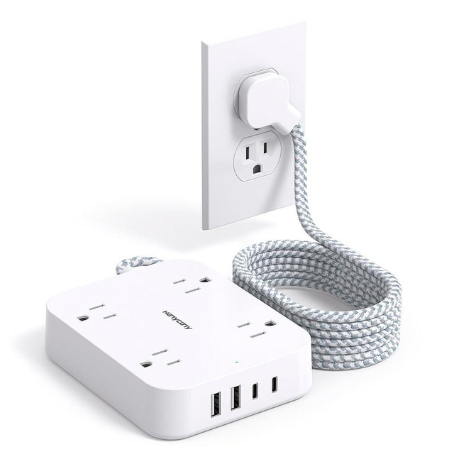 10 Ft Extension Cord, HANYCONY Ultra Thin Flat Power Strip with 4 Outlets 4 USB Ports (2 USB C), Wall Mount, Multi Plug Outlet Extender Desk Charging Station for Office Travel Dorm Room Essentials
