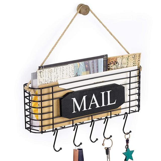 SRIWATANA Rustic Mail Key Holder, Mail Organizer Wall Mount with 5 Hooks Large, Black