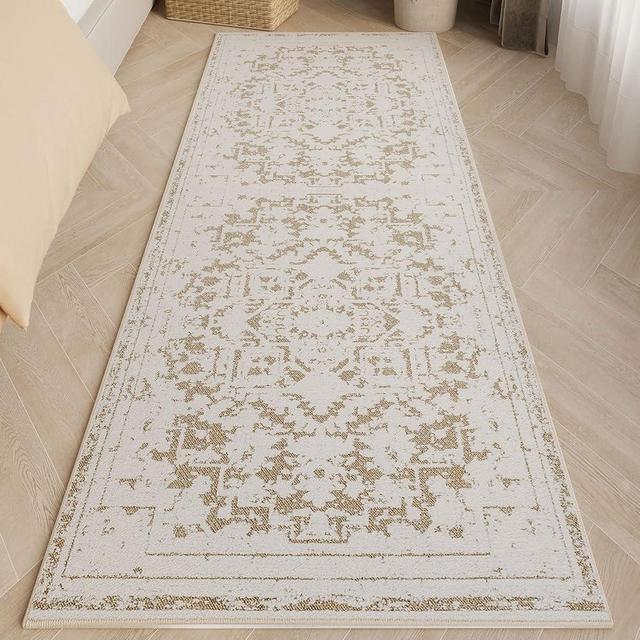 MATKIK Vintage Runner Rug Non Slip for Hallway Bathroom Kitchen 2x10 ft, Ultra Soft Boho Carpet Runner with Low Pile Design Machine Washable Runner Rugs for Entryway Laundry Living Room (Khaki)