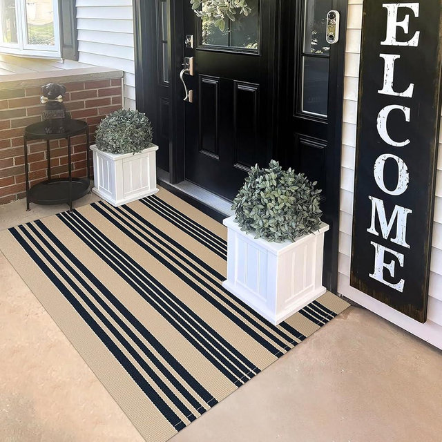 KILOCOCO Striped Rug 3'X5' Front Door Mat Outdoor Welcome Mats Rug Outdoor Cotton Washable Front Porch Rug Layered Doormats for Kitchen/Farmhouse/Entryway/Patio, Brown