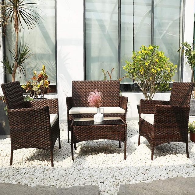 DIMAR GARDEN 4 Pieces Outdoor Patio Furniture Set Rattan Wicker Coffee Table and Chair, Porch Conversation (Mix Brown)