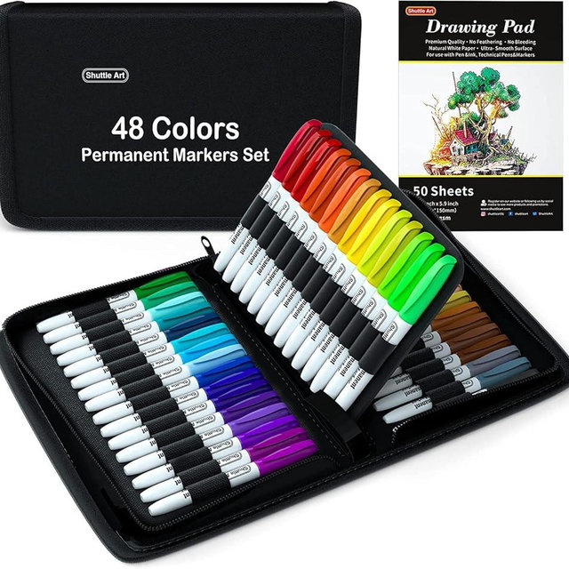 Shuttle Art Permanent Markers, 48 Colors Fine Point, Assorted Colors with Travel Case, Ideal for Adults Coloring Doodling on Plastic, Glass, Wood and Stone, Gift for Kids