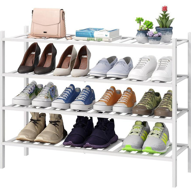 viewcare White 4-Tier Long Shoe Rack, Bamboo Wood, 33-Inch