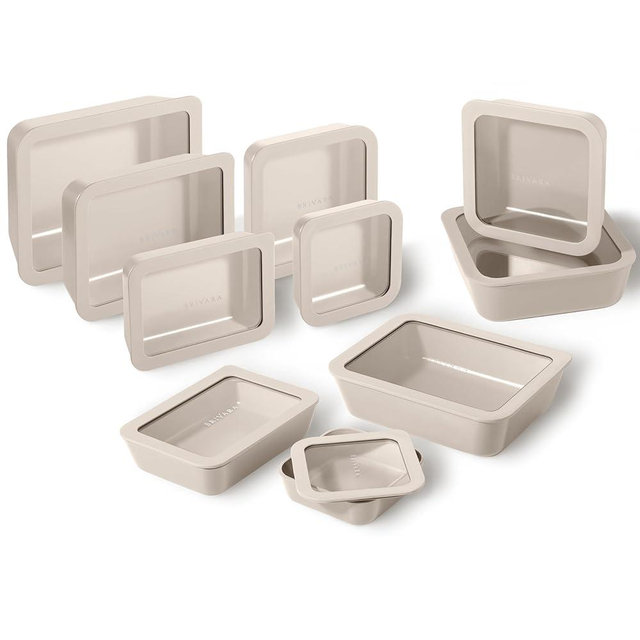 BRIVARA HOME Ceramic Coated Glass Food Storage Containers | No PTFE, PFOA, PFAS, and BPA | Reusable Non Toxic Meal Prep Containers with Glass Lids | Easy To Store | 10 Piece Set [Crema]
