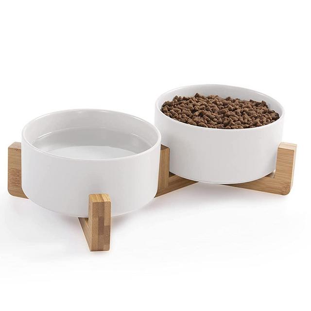 Ihoming Cat Bowls, Puppy Ceramic Food and Water Bowls Set, 1 3/4 Cups X 2, Indoors Pet Bowls with Wood/Iron Stand