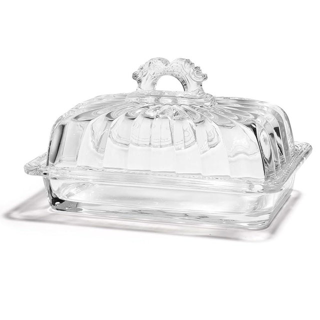 Glass Butter Dish with Lid for Countertop French Vintage Clear Butter Container Holder Keeper Tray Plate Crystal Covered Glass Butter Box on Counter for Refrige,Contain 2*4oz Butter Stick
