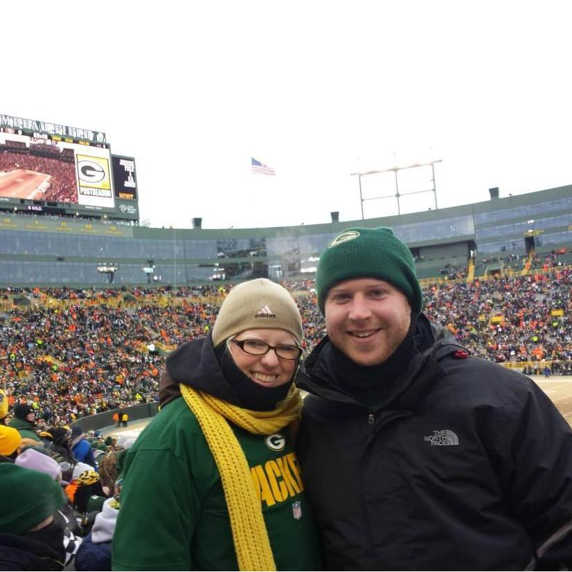 I believe our first photo together. Packers playoff game in January 2014.......it was cold!!