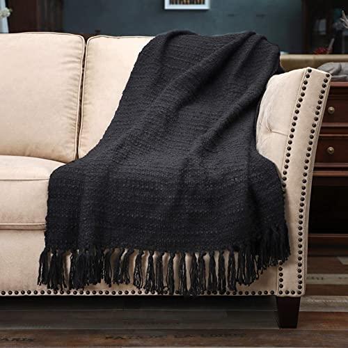 Thick Chunky Black Knit Throw Blanket for Couch Chair Sofa Bed, Chic Boho Style Textured Basket Weave Pattern Blanket with Decorative Fringe, 50"x60"