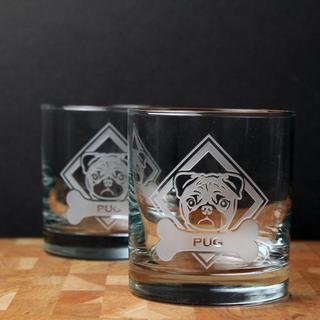 WOOF! Pug On The Rocks Glass, Set of 4
