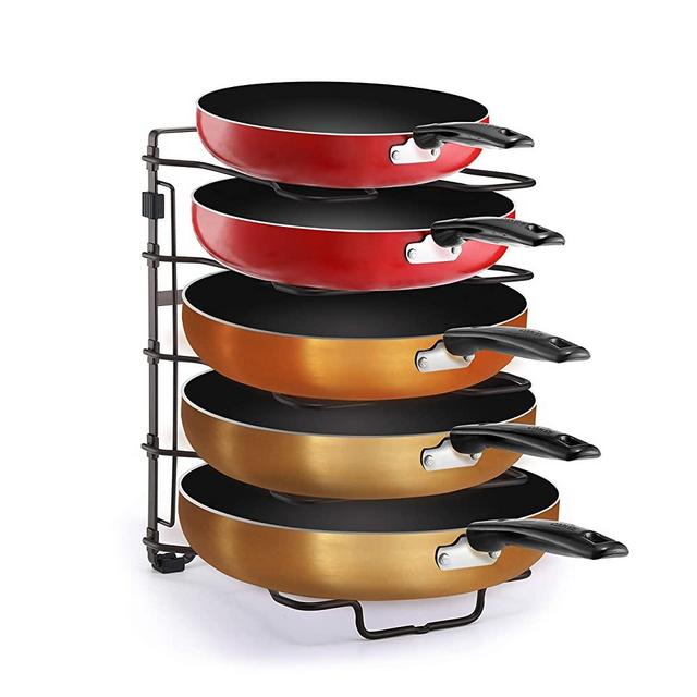 Simple Trending Adjustable Pan and Pot Lid Organizer Rack Holder, Kitchen Counter and Cabinet Organizer, Bronze