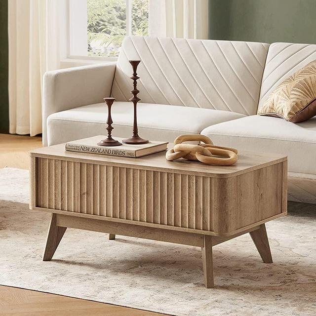 Mopio Brooklyn Mid-Century Modern Lift Top Coffee Table, Fluted Panel with Hidden Storage, Sleek Curved Profile Lift Tabletop Dining Table (Coffee Table, Golden Oak)