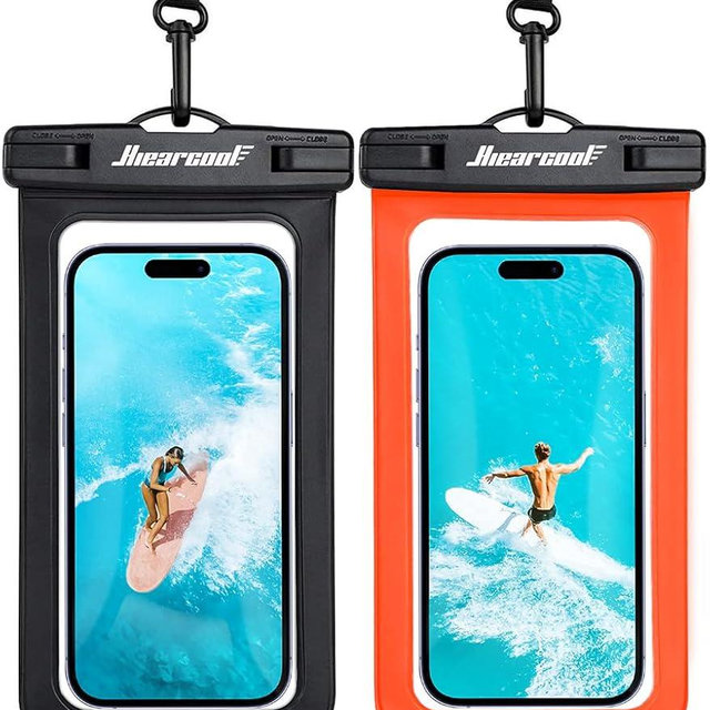 Hiearcool Waterproof Phone Pouch, Waterproof Phone Case, Waterproof Cellphone Pouch Under Water Beach Accessories for iPhone -Black&Orange -2Pack