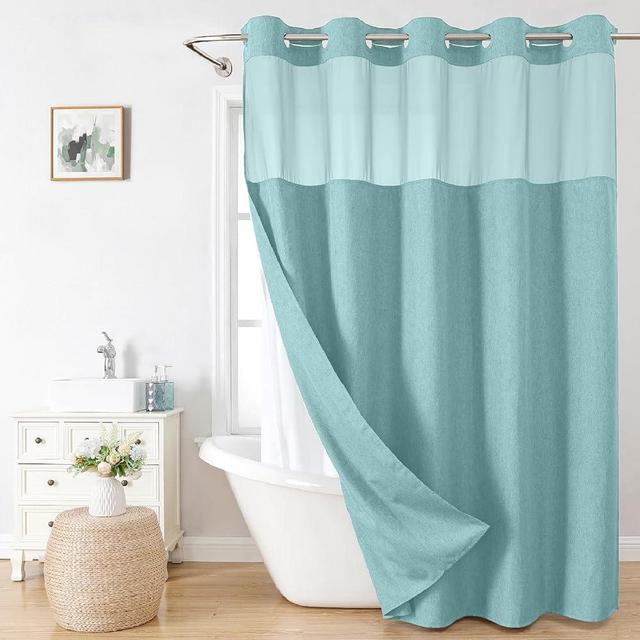 eachope No Hooks Needed Linen Textured Shower Curtain with Snap-in Fabric Liner Set,Hotel Luxury Decor Waterproof Shower Curtains for Bathroom with Mesh Top Window,Washable,71Wx74H,Teal