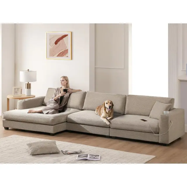134"W Oversized Corduroy Sectional Sofa, L Shaped Sofa Couch with USB Charging Port, Cup Holder 4B, khaki -ModernLuxe