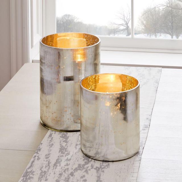 Etched Glass Cylinder Hurricanes, Antique Silver, Set of 2