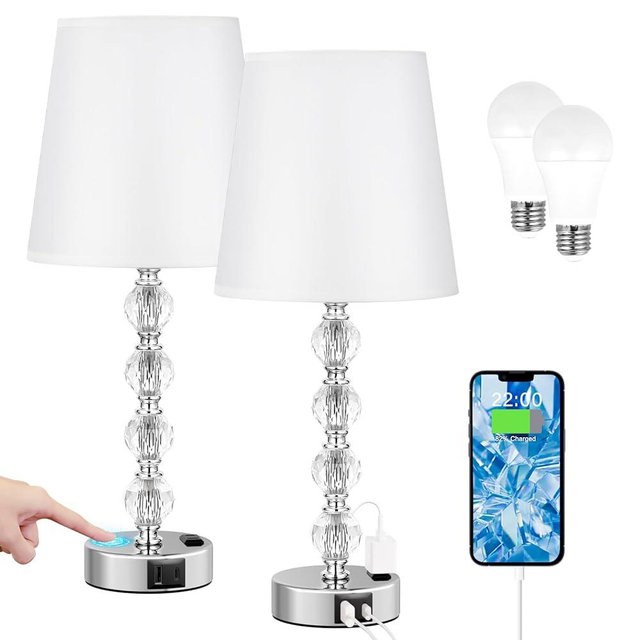 Acaxin Crystal Table Lamp Set of 2 for Bedroom/Living Room, 17.5in (White)