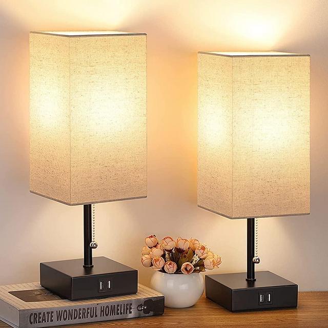 GGOYING Set of 2 Bedside Table Lamp, Pull Chain Table Lamp with 2 USB Charging Ports, 2700K LED Bulb, Fabric Linen Lampshade, Nightstand Lamp for End Table Livingroom Bedroom Office Guestroom