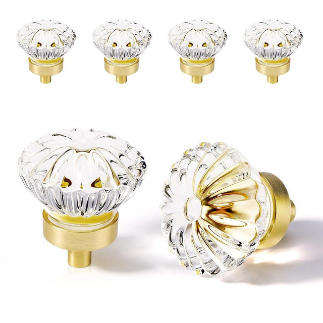 CEYMIO 1.4 Inch Brushed Gold Crystal Cabinet Knobs Cabinets Knob, 4 Pack Flower Vintage Glass Clear Crystal Small Pull for Closet Dresser Drawers, Solid Alloy Retro Pulls Old Fashioned Drawer Handle