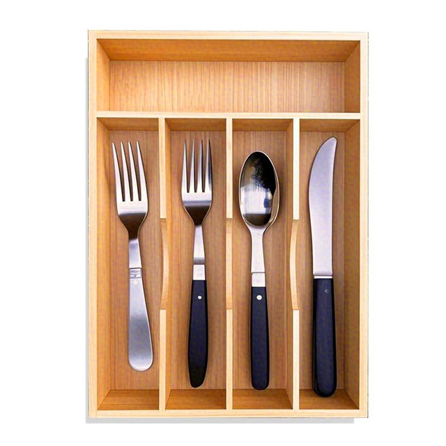guiogc Bamboo Kitchen Drawer Silverware Organizer, 9 Inch Silverware Utensils Tray Holder for Small Drawer, Cutlery Tray, Wood Caddy for Flatware Cutlery Knives 5-Slots
