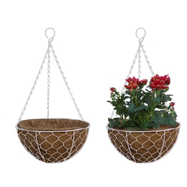 TABOR TOOLS MT2105A 2-Pack Metal Hanging Planter Basket with Natural Coconut Coir Liner, Water Saving Hanging Flower Pot, Decor Hanging Basket, Chain and Hook Included (Hen Mesh 10'', White)