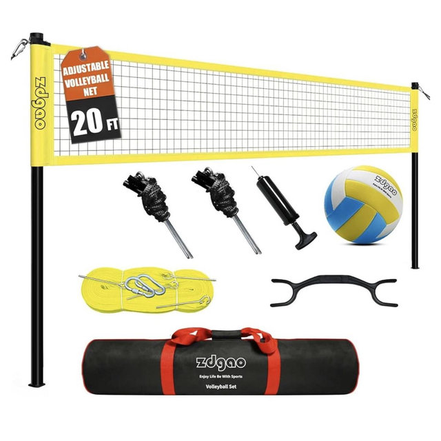 Outdoor Portable Volleyball Net System - Adjustable Height Poles with Soft Volleyball Ball, Pump, Hammer, Boundary Line, and Carry Bag for Backyard, Beach, Lawn