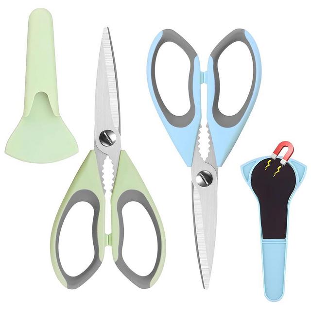 2 Pack Heavy Duty Scissors Kitchen Shears with Magnetic Holder,Dishwasher Safe Stainless Steel Meat Cooking Shears,Multifunctional All Purpose Sharp Scissors Set for Food,Meat,BBQ,Pizza(Blue,Green)