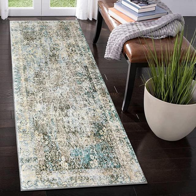 U'Artlines Madison Collection FAR601A Boho Chic Farshe Trellis Non-Shedding Living Room Entryway Foyer Hallway Bedroom Runner Rug, 2' x 6' , Aqua Gris Non Slip Washable Kitchen Area Rug Porch Doormat