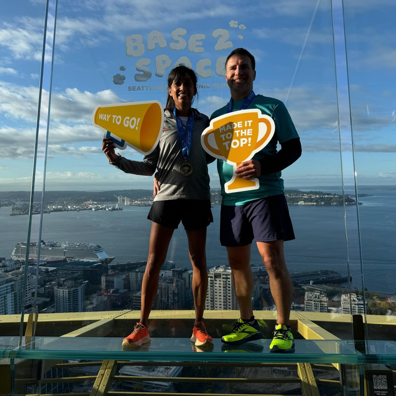 Melissa loves Type 2 fun. Newton really loves Melissa. We completed the Base 2 Space Stair Climb up the Space Needle.
