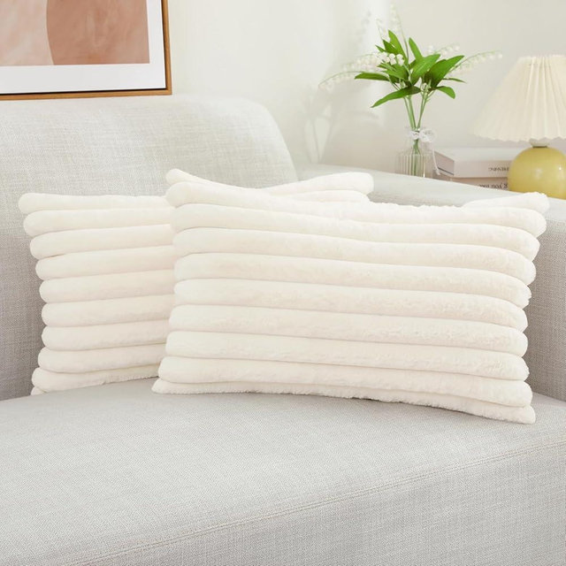 decorUhome Faux Fur Throw Pillow Covers 12x20 Set of 2, Decorative Soft Plush Striped Lumbar Couch Pillow Covers with Velvet Back for Sofa, Bed, Living Room, Cream White