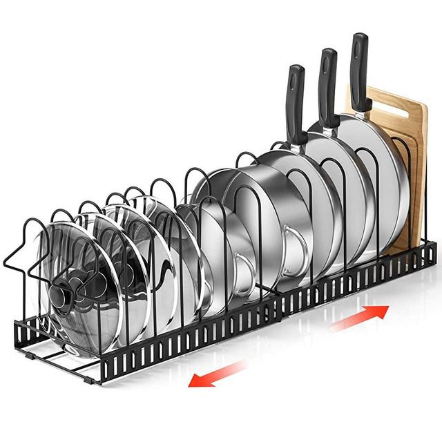 Duerer Pan Rack Organizer, Extensible Pots and Pans Organizer with 4 DIY Methods, 14 Non-Slip Tiers Adjustable Height and Position, Black Metal Pot Pan Rack for Kitchen Cabinet Organizer and Storage