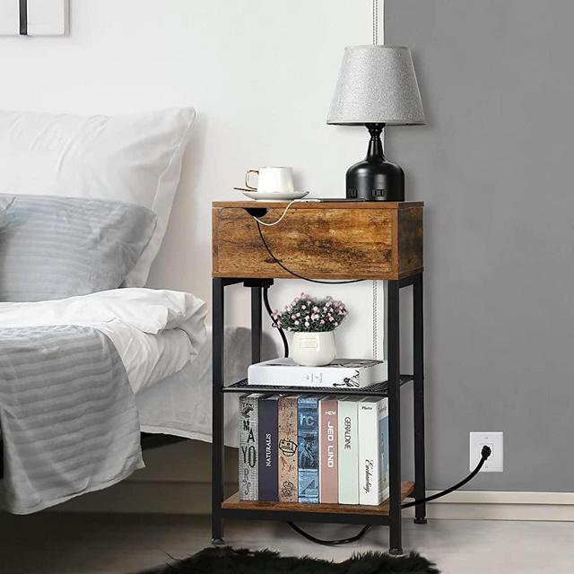 Nightstand with Charging Station 3 Tier Industrial End Table with Storage Shelf and Drawer Slides Side Table with USB Ports and Power Outlets for Living Room Bedroom Rustic Brown