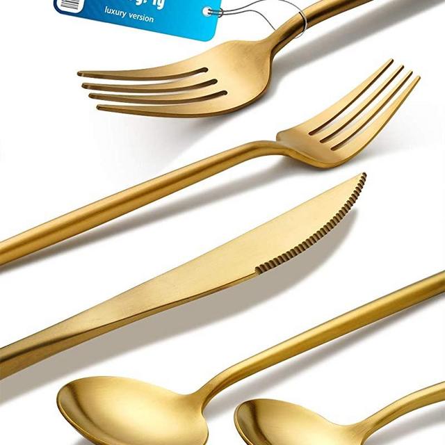 20-Piece High-Grade Matte Gold Silverware Set，BirdyFly Luxury Version Gold Flatware Set Service for 4，Includes Dinner Knives Spoons and Forks，Dishwasher Safe