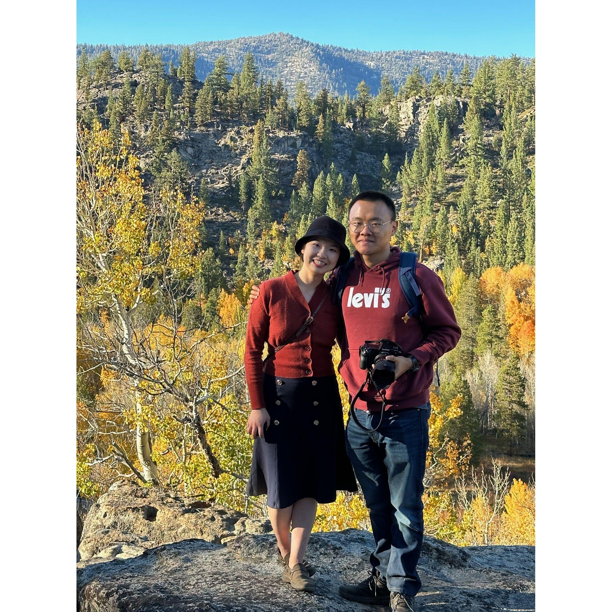 Hiking ... among fall foliage near Lake Tahoe.