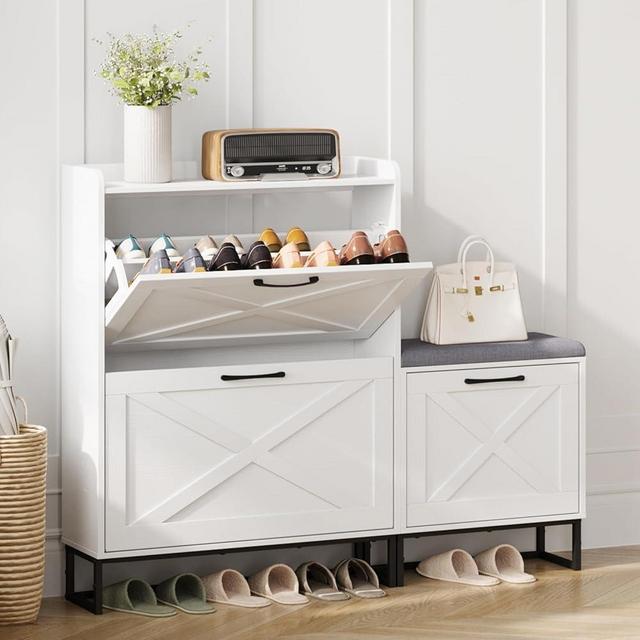 Maupvit Shoe Storage Cabinet with 3 Flip Drawers for 20 Pairs, Entryway Shoe Storage with Shoe Bench, Narrow Hidden Shoe Organizer for Entryway, Living Room, Hallway,White