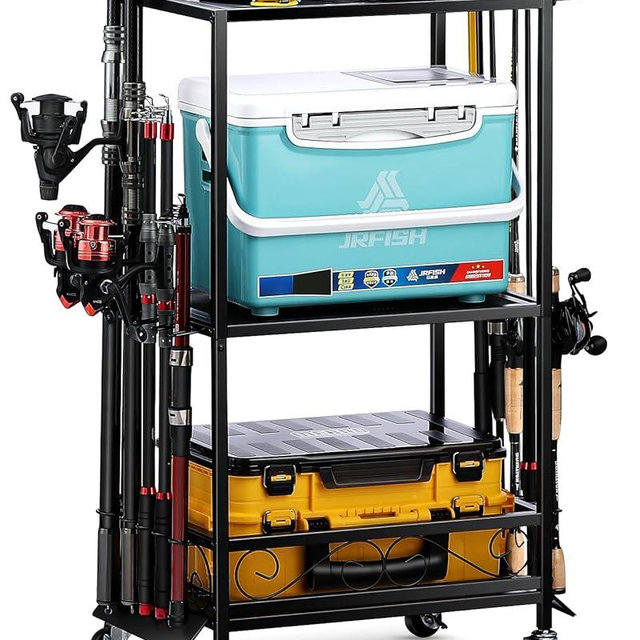 EXTCCT Fishing Rod Holder - Fishing Pole Rack for 10 Rods - Adjustable Height Fishing Gear Equipment Organizer Storage Solution for Garage Basement or Indoor