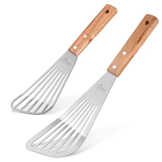 HOTEC Stainless Steel Thin Slotted Fish Turner Spatula with wooden handle